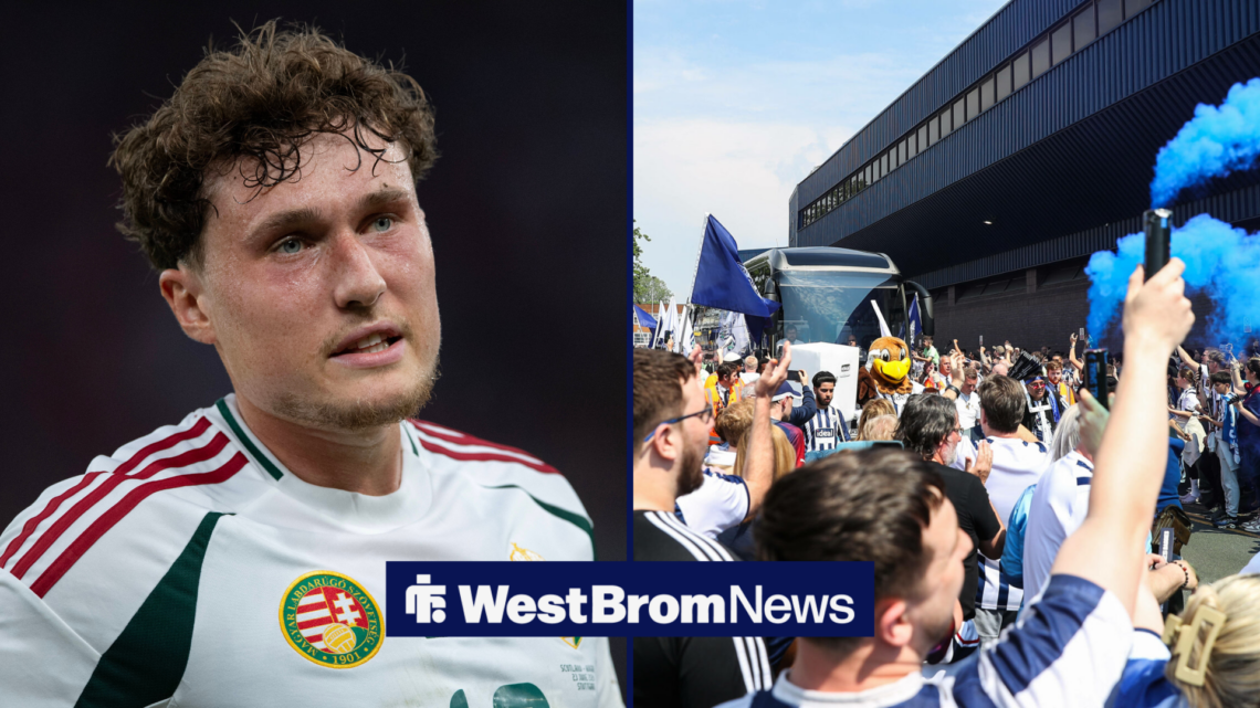 A split image as Callum Styles is in action for Hungary in one half, as West Brom fans welcome the team bus in the other.