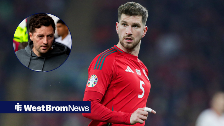 Chris Mepham in action for Wales as West Brom manager Ryan Mason watches on from a circular inset.