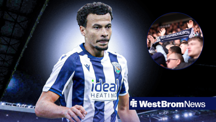 Dele Alli in action in a West Brom shirt as West Brom fans hold a club scarf aloft in a circular inset.