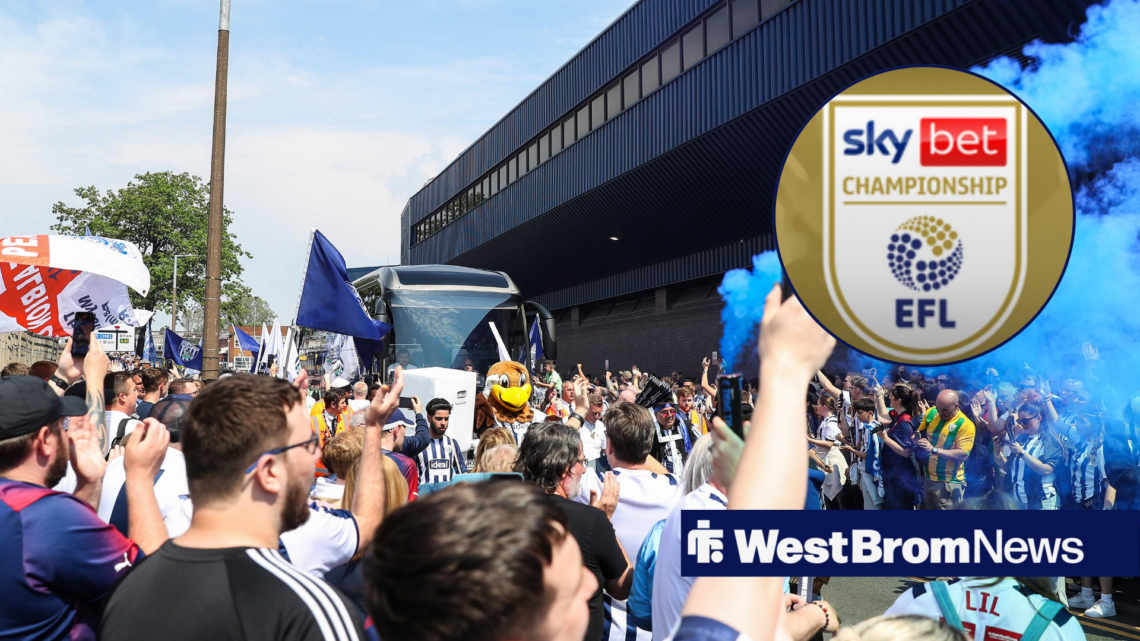 West Brom fans welcoming the team bus and Championship badge in circular inset