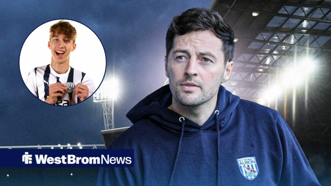 West Brom manager Ryan Mason stares towards youngster Harry Whitwell, who grabs the club badge in a circular inset.