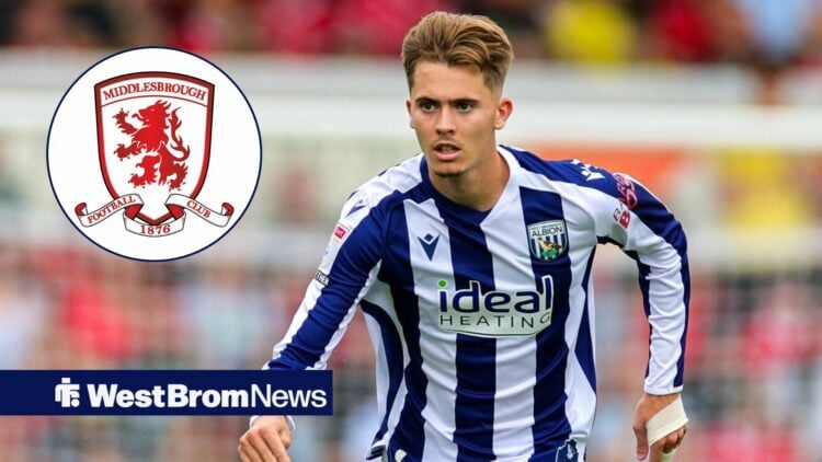 Isaac Price in action for West Brom as he glances in the direction of the Middlesbrough badge, which features in a circular inset.