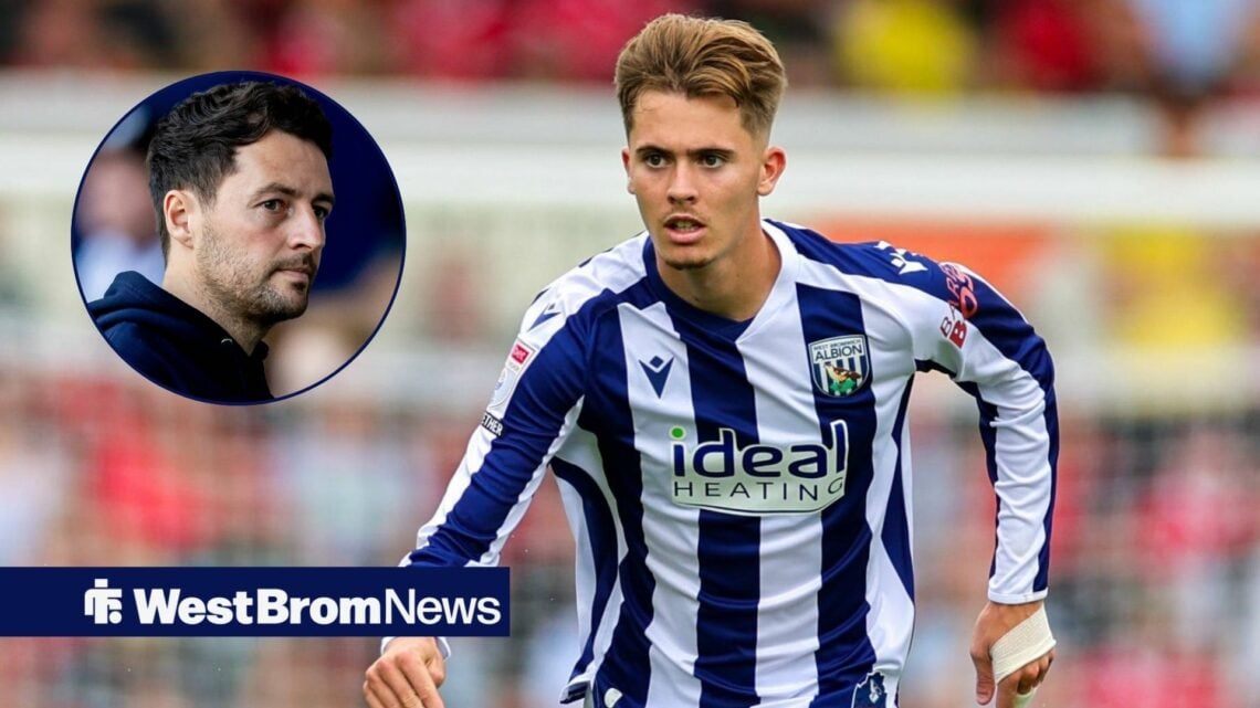 West Brom star Isaac Price in action during a game as manager Ryan Mason watches on from a circular inset.