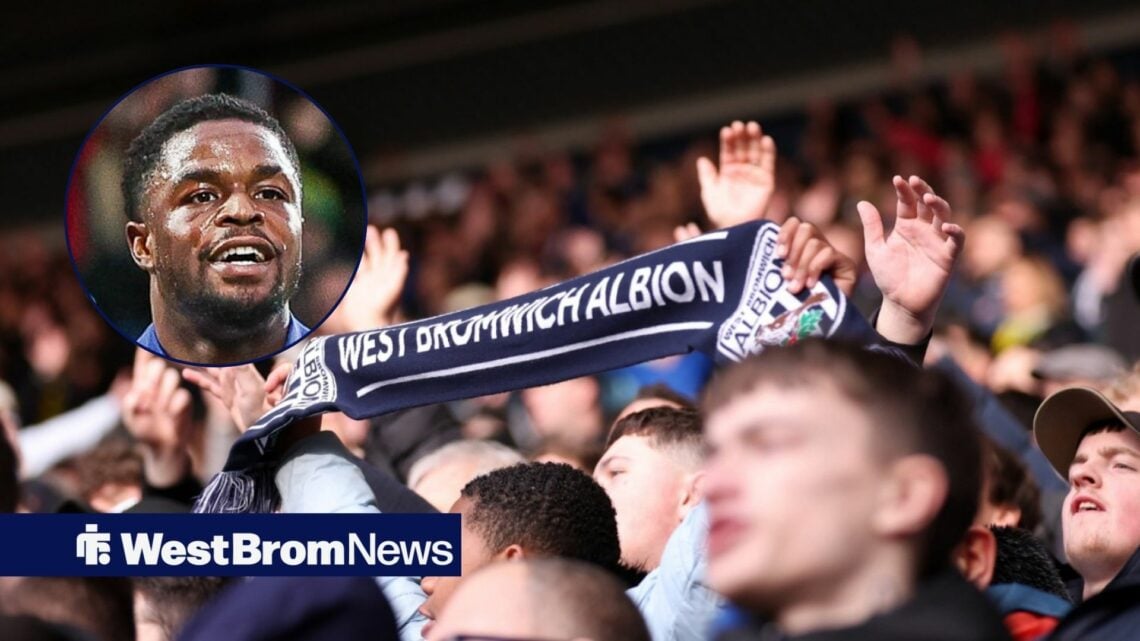 Josh Maja celebrating on the pitch and West Brom fans in circular inset