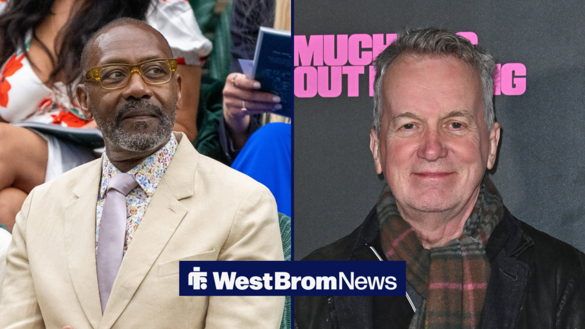 West Brom fans Sir Lenny Henry looking to the side and Frank Skinner smiling in split image