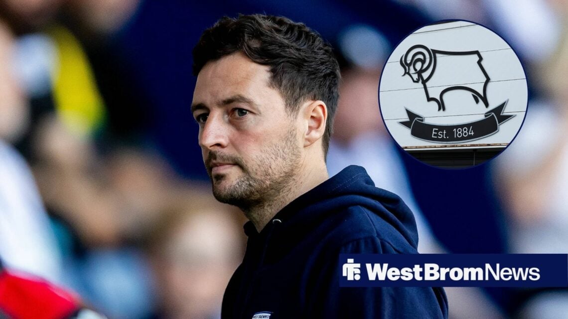 West Brom boss Ryan Mason looks on with a circular inset of the Derby County badge