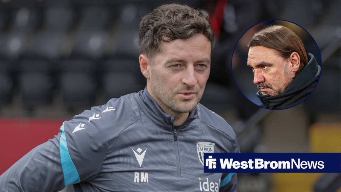 West Brom coach Ryan Mason smiles fondly and Leeds United coach Daniel Farke in circular inset