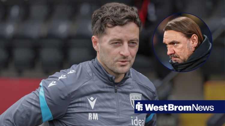 West Brom coach Ryan Mason smiles fondly and Leeds United coach Daniel Farke in circular inset