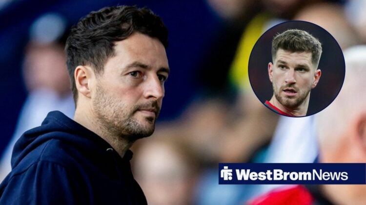 West Brom boss Ryan Mason smiling at Chris Mepham in circular inset