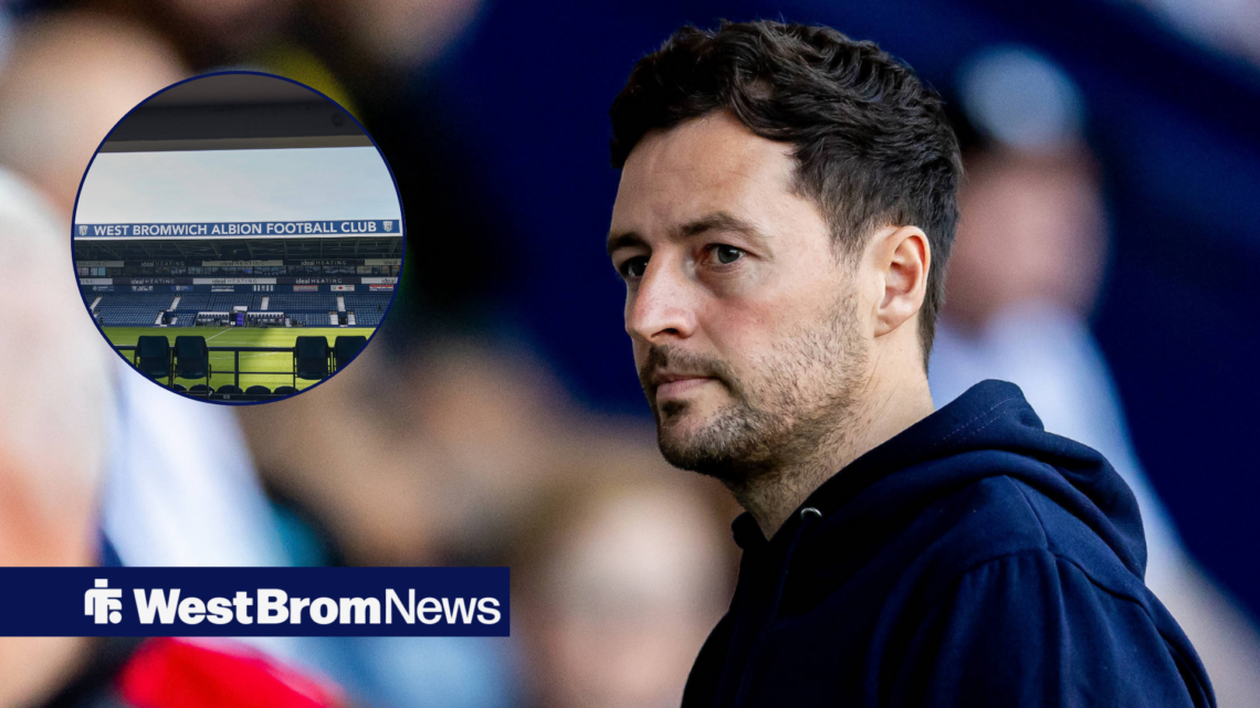 West Brom boss Ryan Mason looking stern and The Hawthorns in circular inset