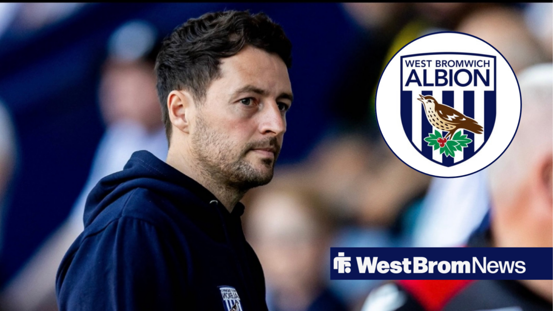West Brom coach Ryan Mason looking directly at West Brom badge in circular inset