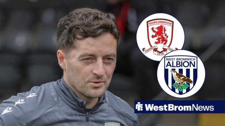 Ryan Mason focusing on West Brom and Middlesbrough logos in circular insets