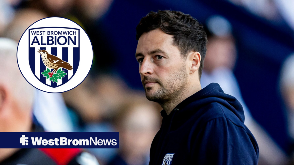 West Brom coach Ryan Mason stares into the distance at West Brom logo in circular inset