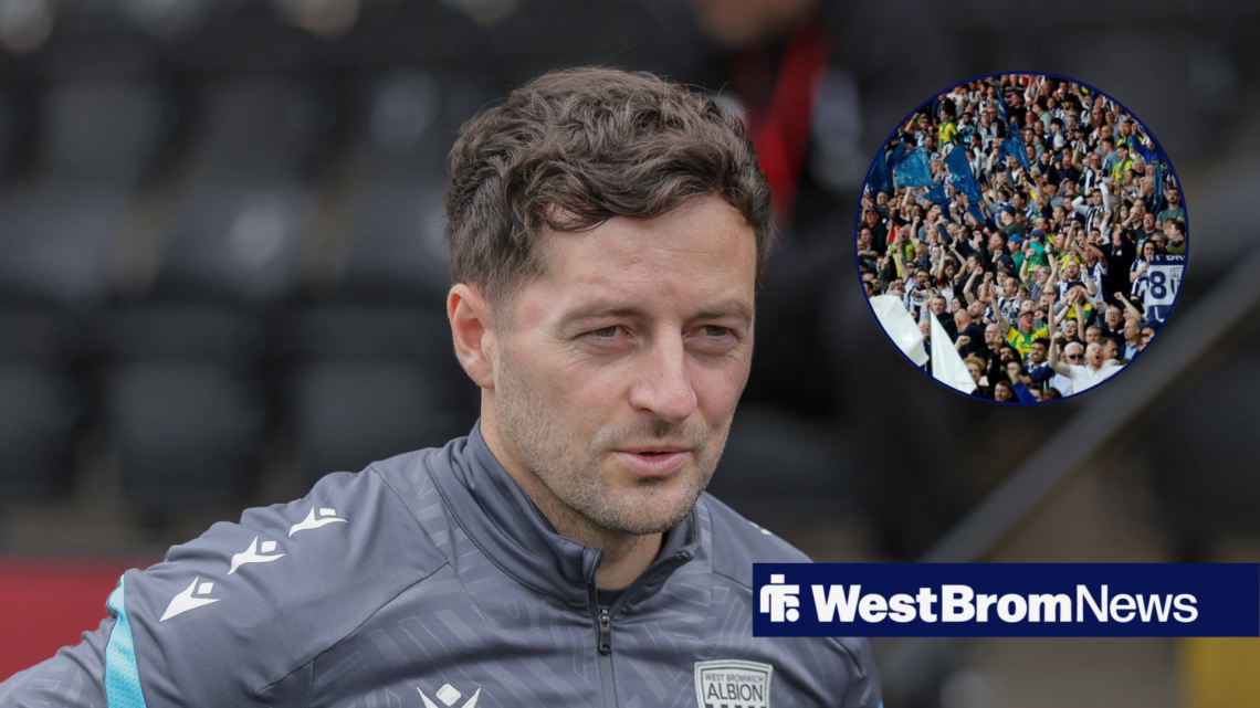 Albion coach Ryan Mason looking focused and West Brom fans in circular inset