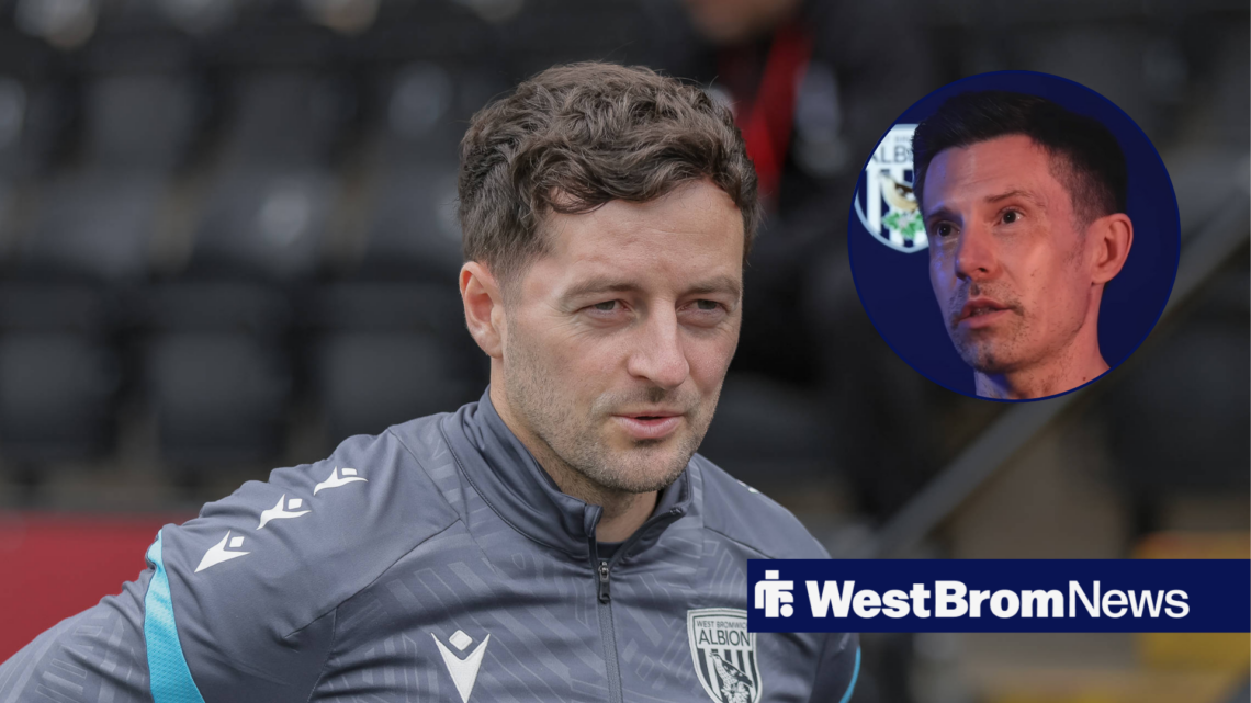 West Brom manager Ryan Mason staring intently at Andrew Nestor in circular inset