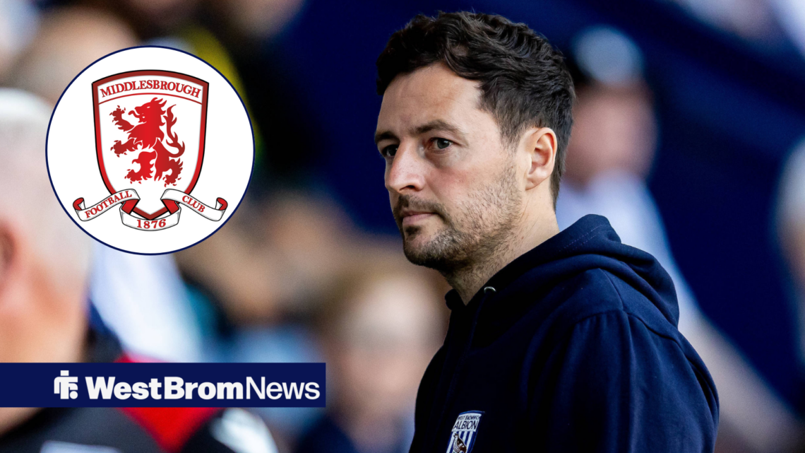 West Brom manager Ryan Mason stares optimistically in the direction of the Middlesbrough badge, which features in a circular inset.