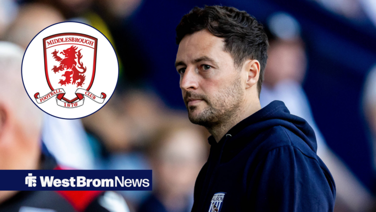 West Brom manager Ryan Mason stares optimistically in the direction of the Middlesbrough badge, which features in a circular inset.