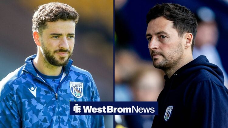 A split image as West Brom star Mikey Johnston stares across at Ryan Mason, who glances back regretfully.