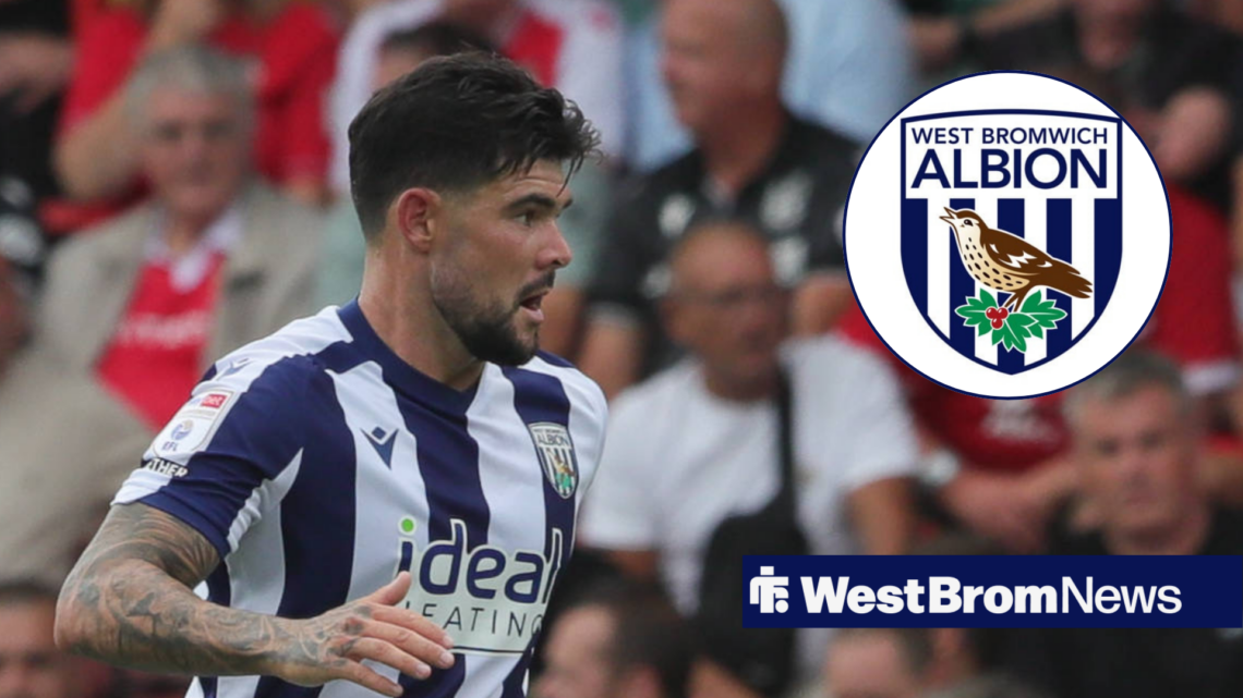 Albion midfielder Alex Mowatt in action and West Brom badge in circular inset