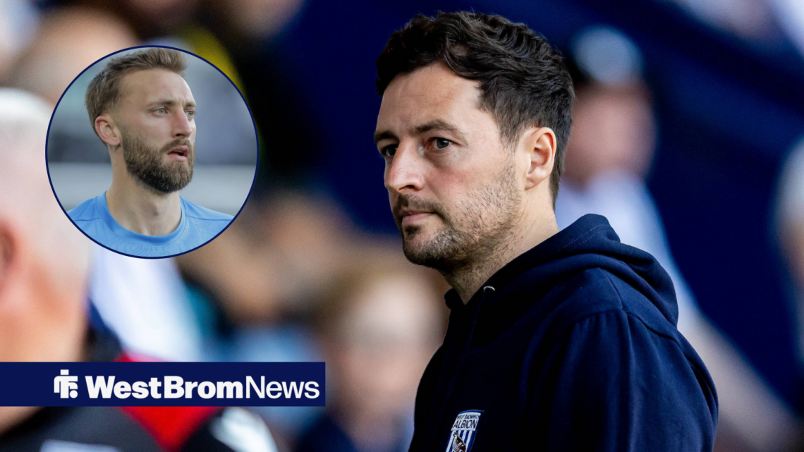 West Brom manager Ryan Mason glances across towards Nat Phillips, who featues in a circular inset on the left of the image.