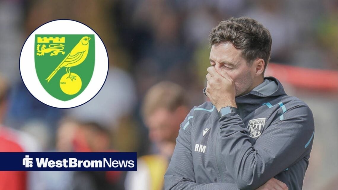 Ryan Mason looking appalled and Norwich City Badge in circular inset