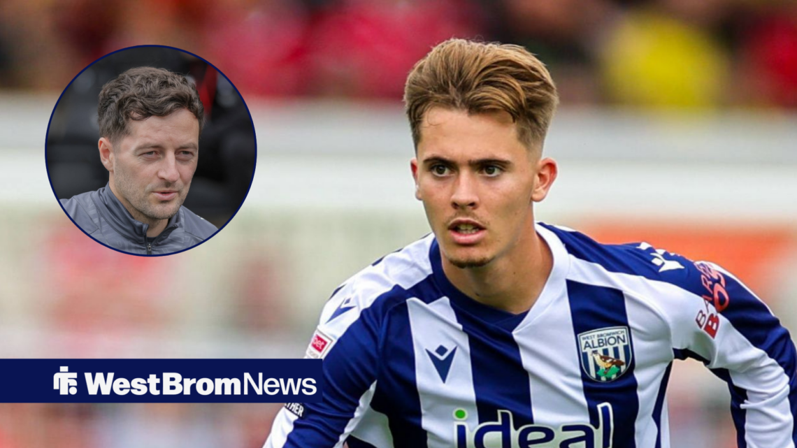 Issac Price in West Brom home kit looking determined and Ryan Mason in circular inset
