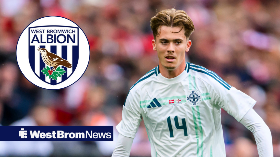 West Brom midfielder Issac Price looking concerned at West Brom badge in circular inset