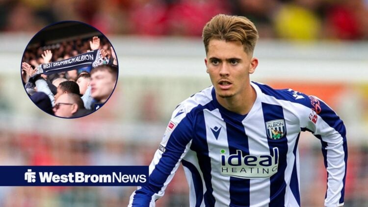 Issac Price in action for Albion and West brom fans in circular inset