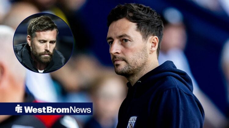 West Brom manager Ryan Mason stares towards Middlesbrough boss Rob Edwards, who looks at the floor in a circular inset.
