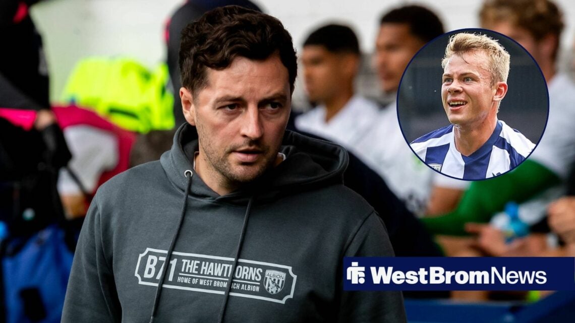 West Brom manager Ryan Mason glares in the direction of Aune Heggebo, who is in action in a circular inset.