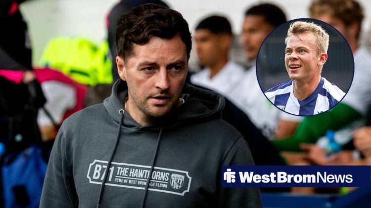 West Brom manager Ryan Mason glares in the direction of Aune Heggebo, who is in action in a circular inset.