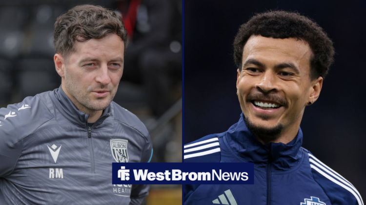 A split image as West Brom manager Ryan Mason smiles across at Dele Alli.