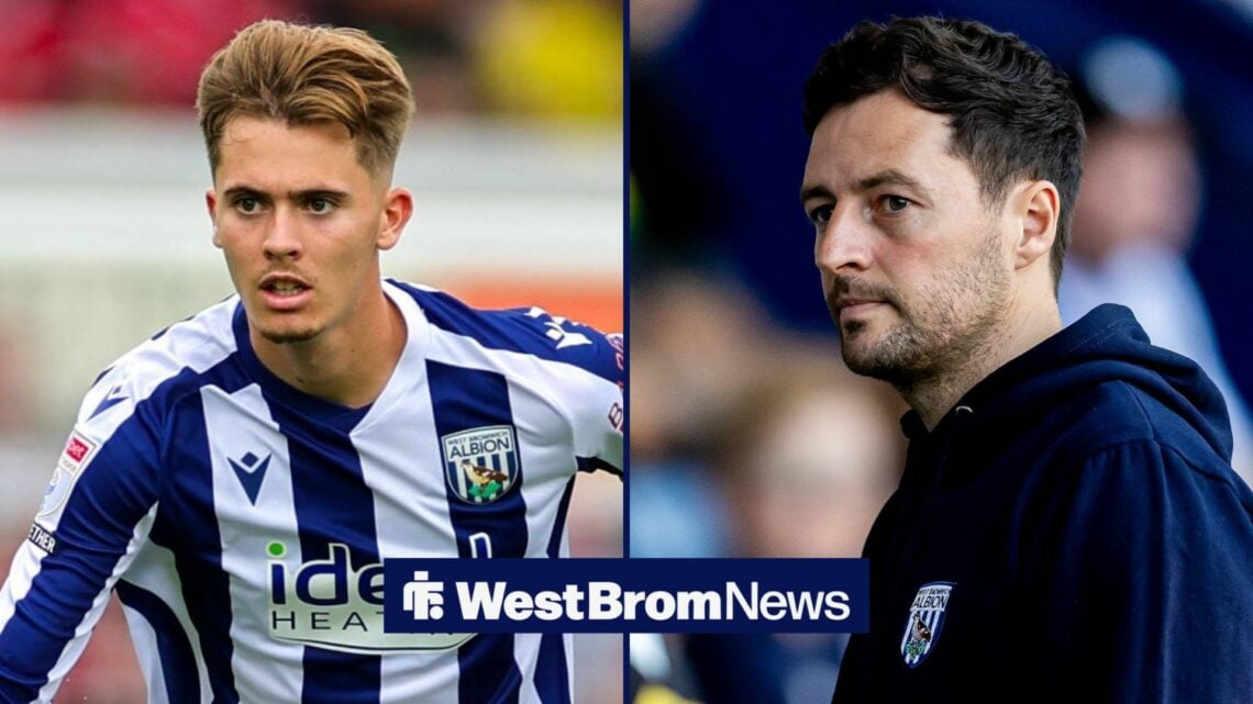 A split image as Isaac Price is in action for West Brom in the left half, while Ryan Mason watches on in the right half.