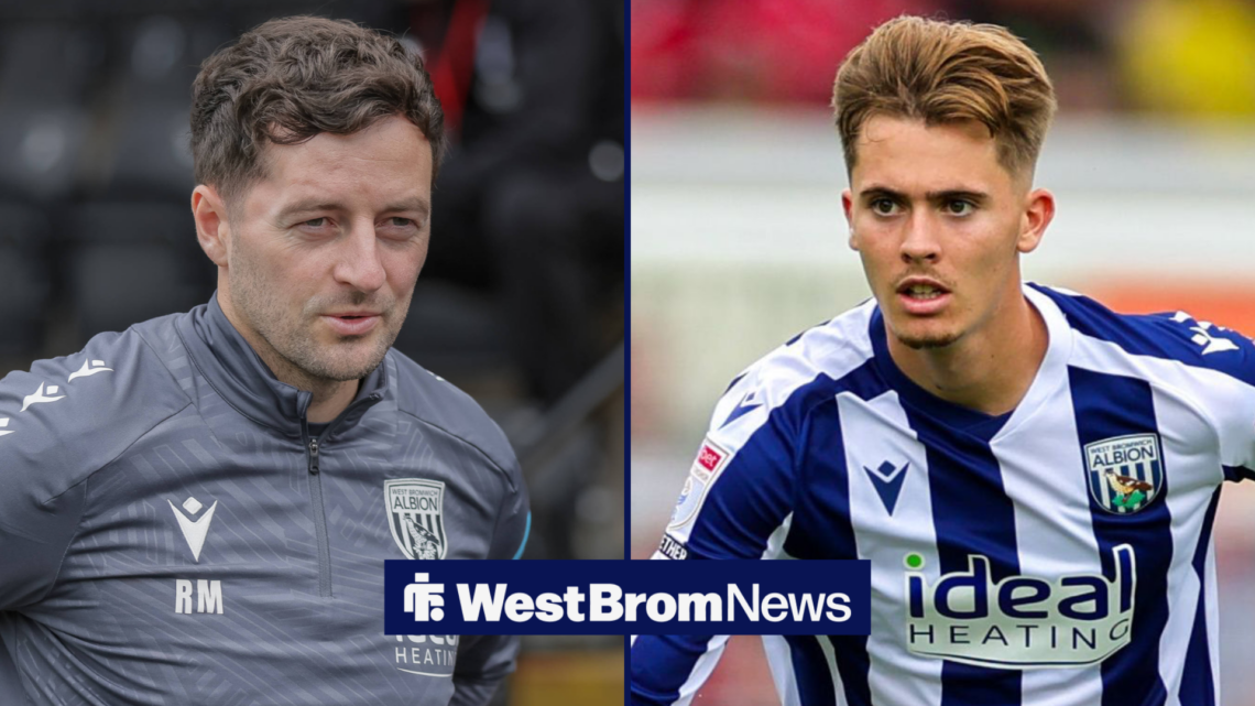 A split image as West Brom manager Ryan Mason smiles across at Isaac Price, who is in action during a game in the left half.