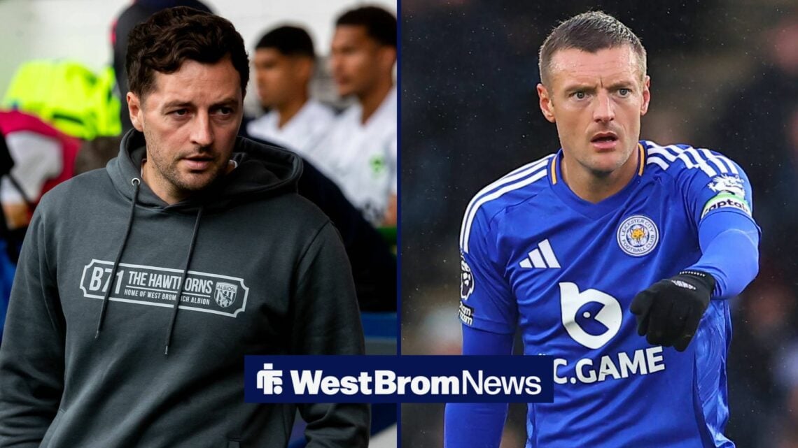A split image as West Brom manager Ryan Mason glares across at ex-Leicester City striker Jamie Vardy, who is in action in the right half of the image.