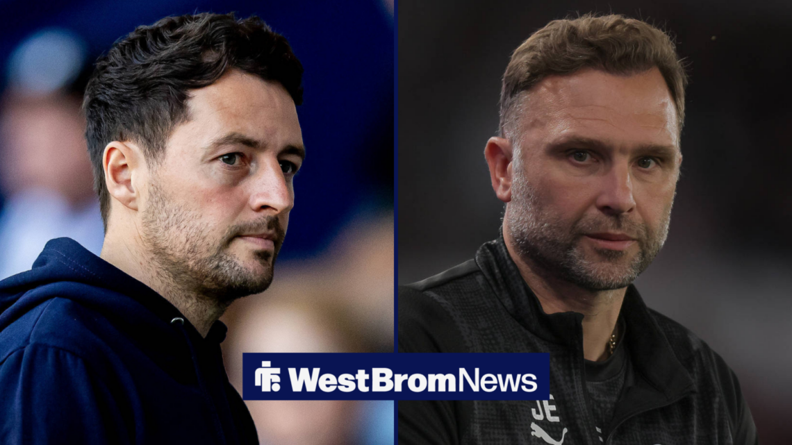 A split image as West Brom manager Ryan Mason stares across at Derby County manager John Eustace.