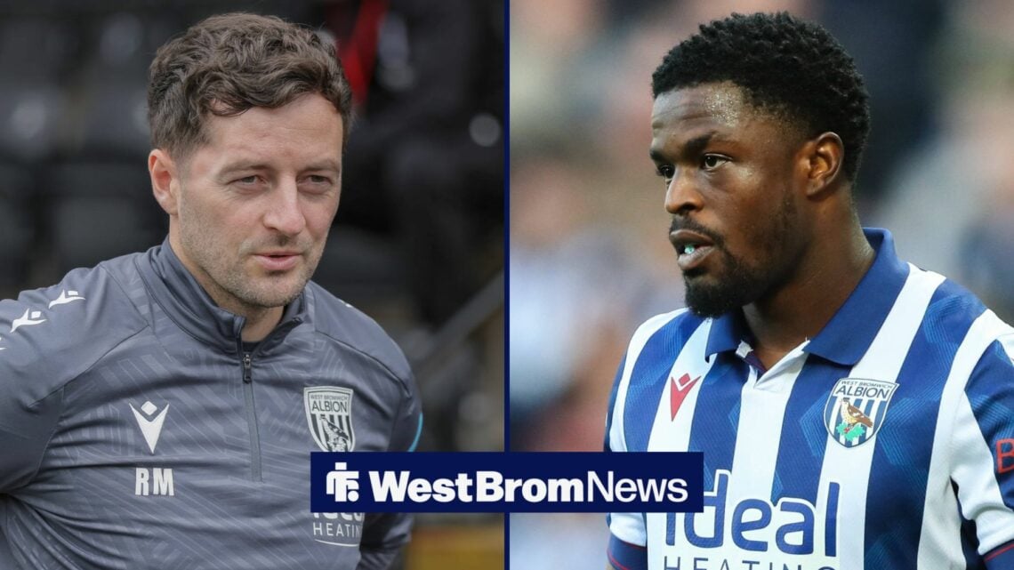 A split image as West Brom manager Ryan Mason smiles across at Josh Maja, who is in action in the right half of the image.
