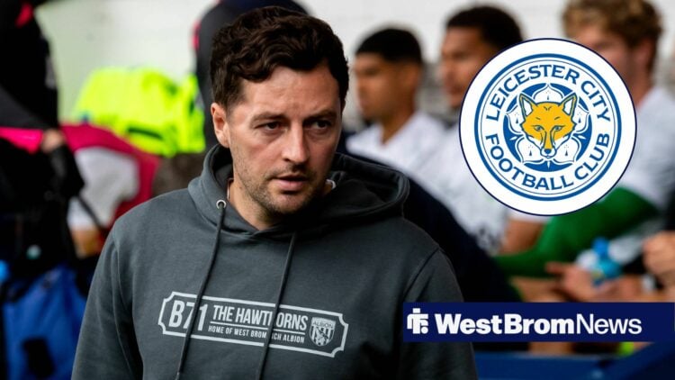 West Brom manager Ryan Mason stares frustratedly towards the Leicester City badge, which features in a circular inset.