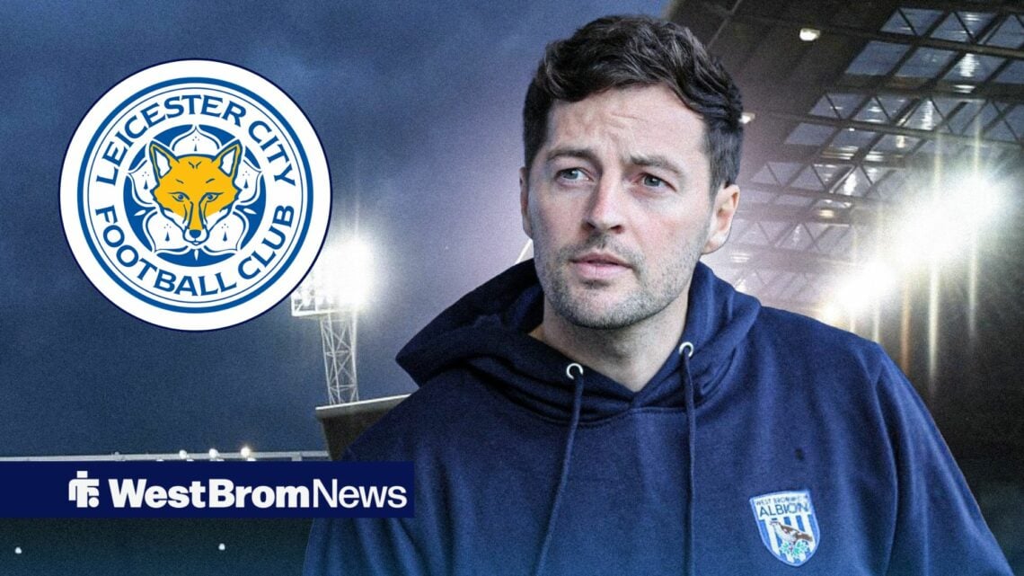 West Brom manager Ryan Mason stares optimistically towards the Leicester City badge, which features in a circular inset.