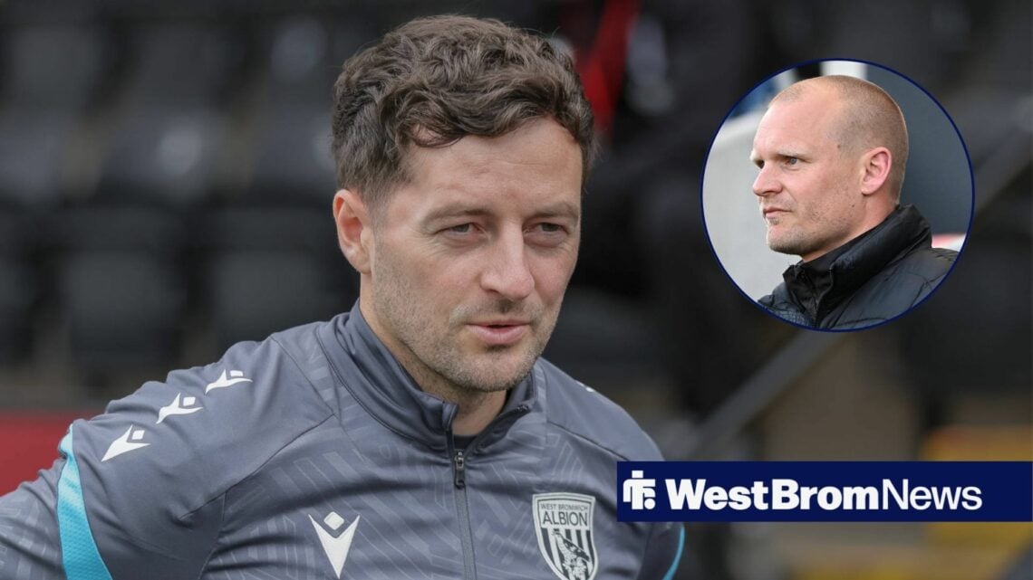 West Brom manager Ryan Mason smiles in the direction of Norwich City boss Liam Manning, who stares across from a circular inset.