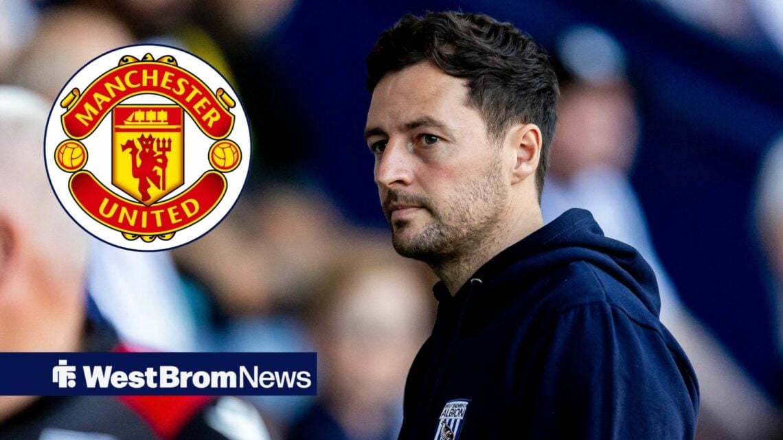West Brom manager Ryan Mason stares concernedly towards the Manchester United badge, which features in a circular inset.
