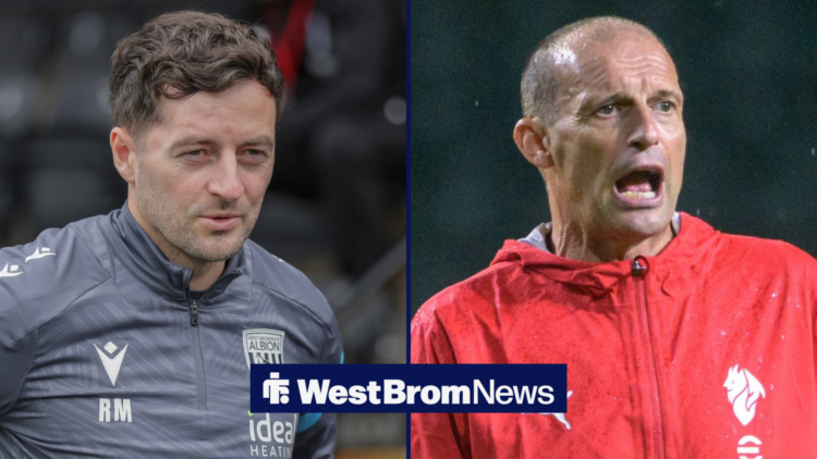 A split image as West Brom manager Ryan Mason smiels across at Massimiliano Allegri.