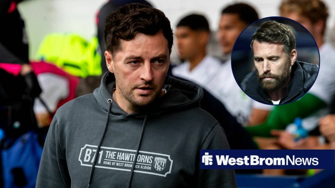 West Brom manager Ryan Mason stares frustratedly towards Middlesbrough boss Rob Edwards, who features in a circular inset.