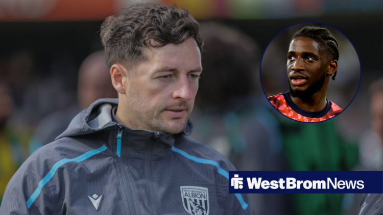 West Brom manager Ryan Mason glances at the floor in frustration as new signing Samuel Iling-Junior watches on from a circular inset.