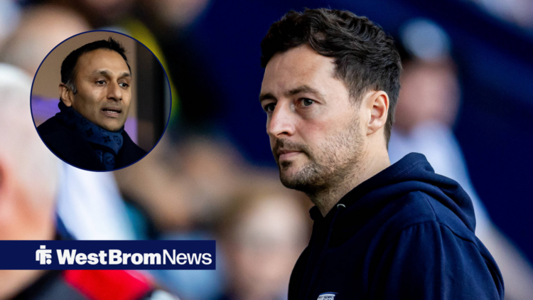 West Brom manager Ryan Mason stares across towards Shilen Patel, who features in a circular inset on the left of the image.