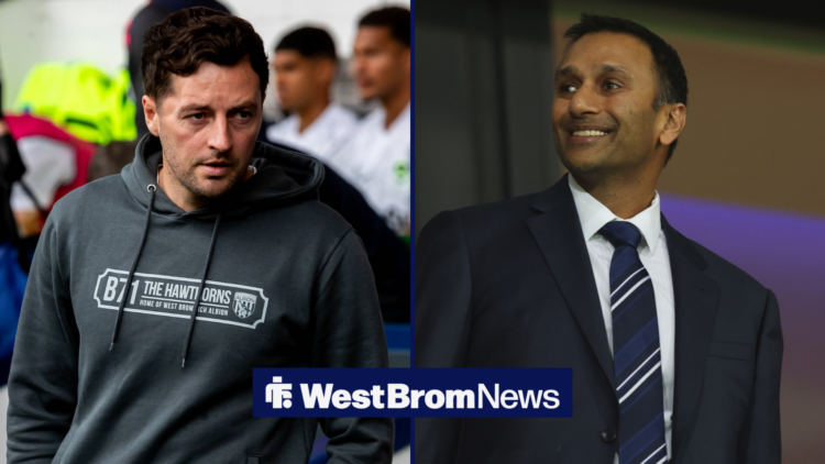 A split image as West Brom manager Ryan Mason glances across the right of the image, where chairman Shilen Patel smiles back.