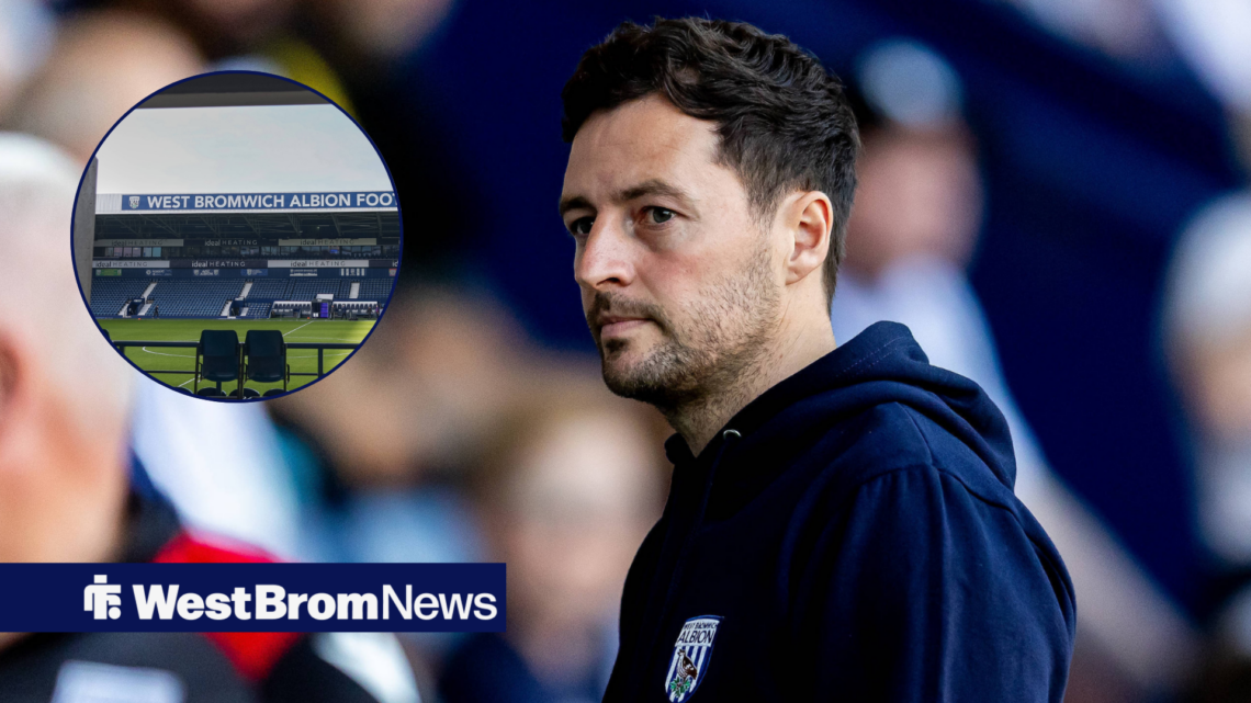 West Brom manager Ryan Mason stares optimistically towards a circular inset featuring The Hawthorns.