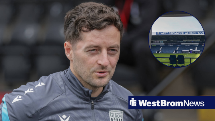 A close-up photo of West Brom manager Ryan Mason, as he smiles in the direction of The Hawthorns, which features in a circular inset.