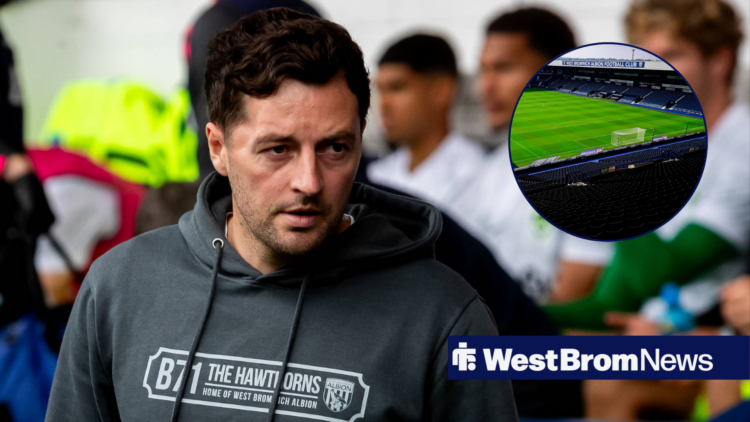 West Brom manager Ryan Mason looks towards The Hawthorns, which features in a circular inset.
