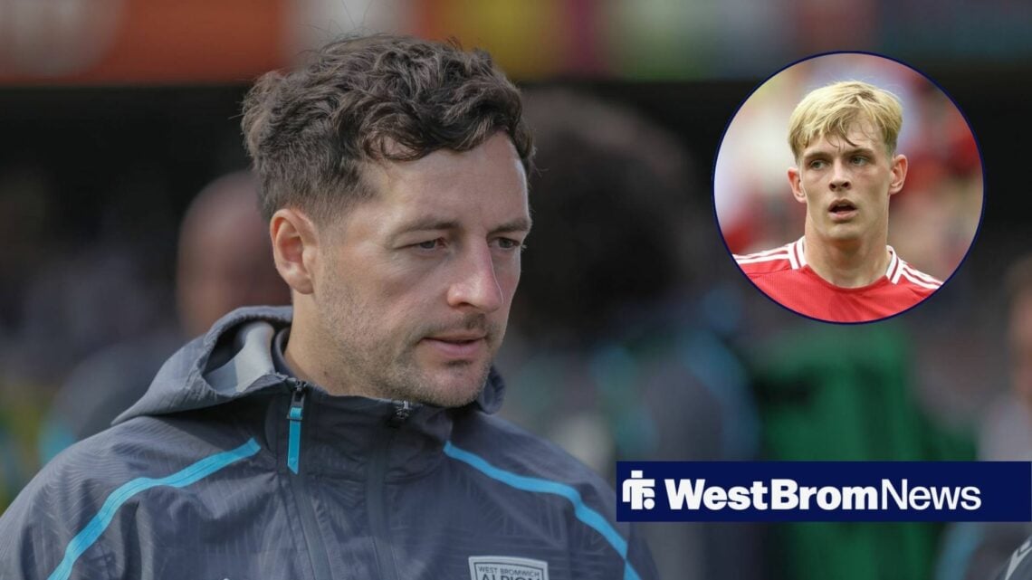 West Brom manager Ryan Mason stares at the ground in frustration, as Toby Collyer is in action for Manchester United in a circular inset.